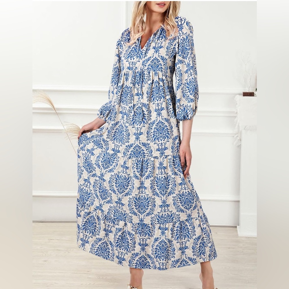 Blue and White Patterned Maxi Dress EUC